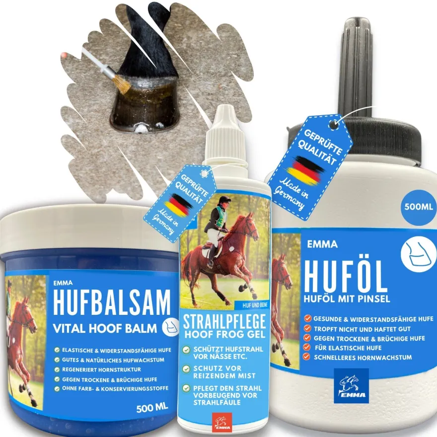 Hufpflege Set - Huföl Pferde mit Pinsel + Strahlpflege + Hufbalsam