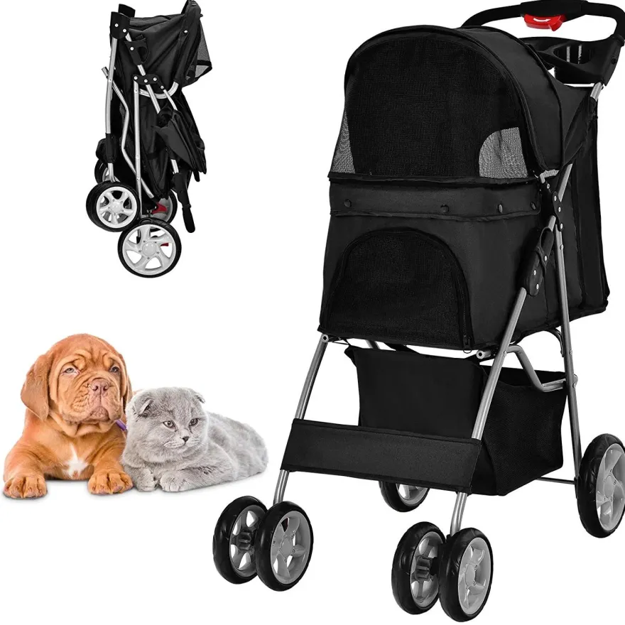 Hundewagen Haustiere Buggy bis 15kg, Hundebuggy mit Netzfenstern Getränkehalter