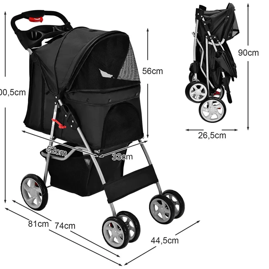 Hundewagen Haustiere Buggy bis 15kg, Hundebuggy mit Netzfenstern Getränkehalter