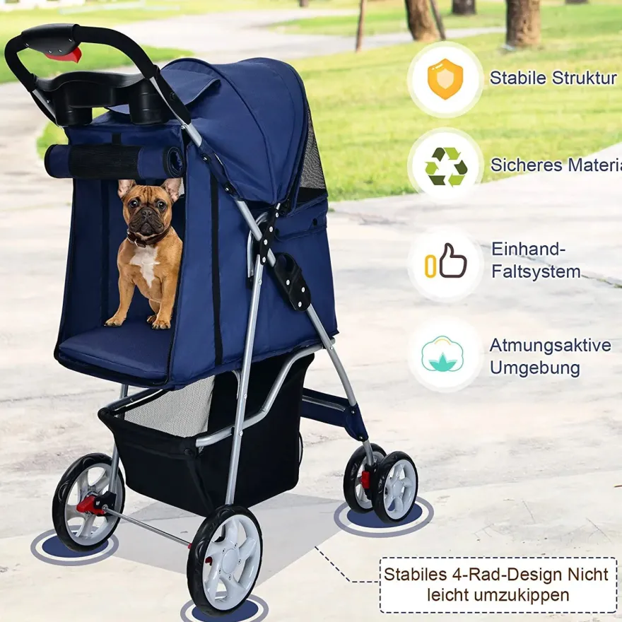 Hundewagen Haustiere Buggy bis 15kg, Hundebuggy mit Netzfenstern Getränkehalter
