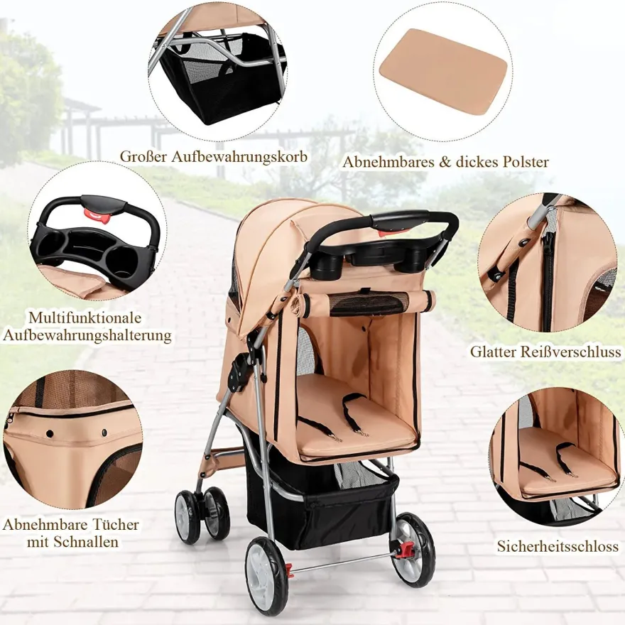 Hundewagen Haustiere Buggy bis 15kg, Hundebuggy mit Netzfenstern Getränkehalter