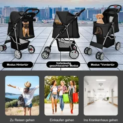 Hundewagen Haustiere Buggy bis 15kg, Hundebuggy mit Netzfenstern Getränkehalter