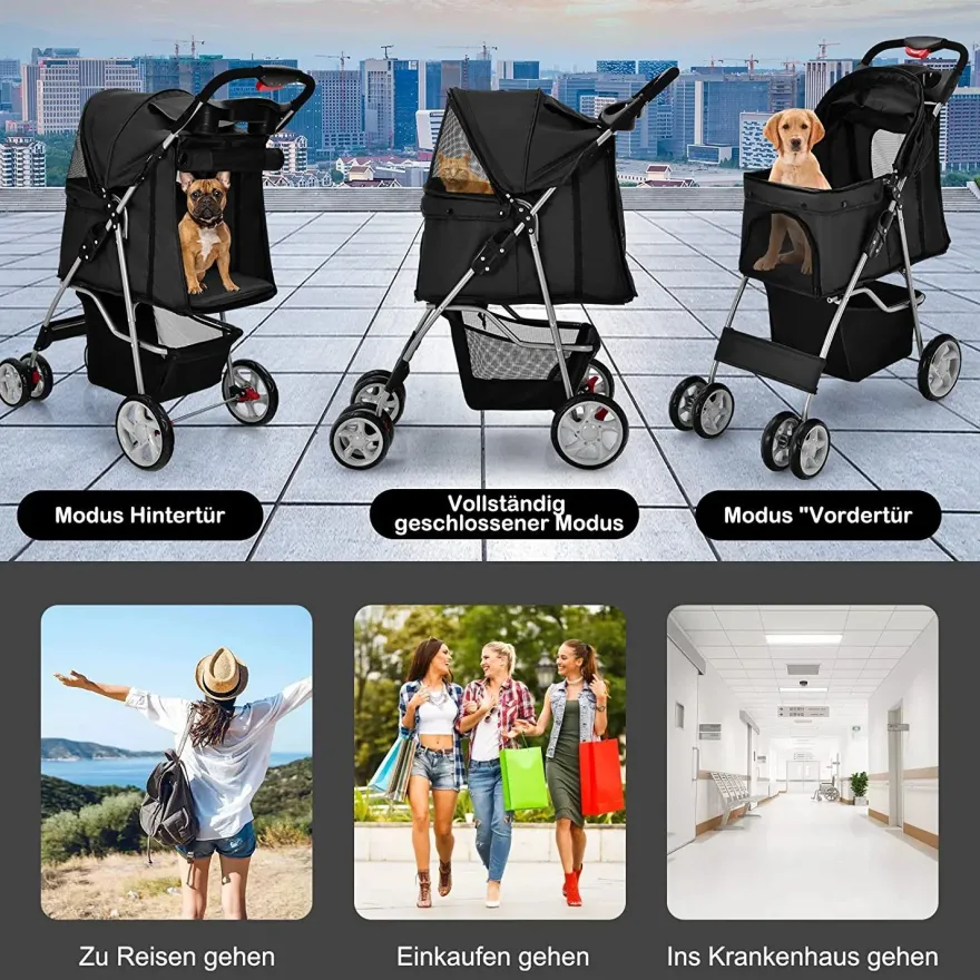 Hundewagen Haustiere Buggy bis 15kg, Hundebuggy mit Netzfenstern Getränkehalter