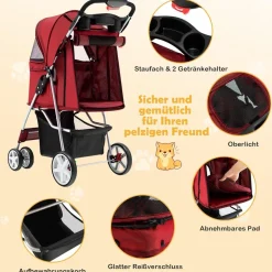 Hundewagen Haustiere Buggy bis 15kg, Hundebuggy mit Netzfenstern Getränkehalter