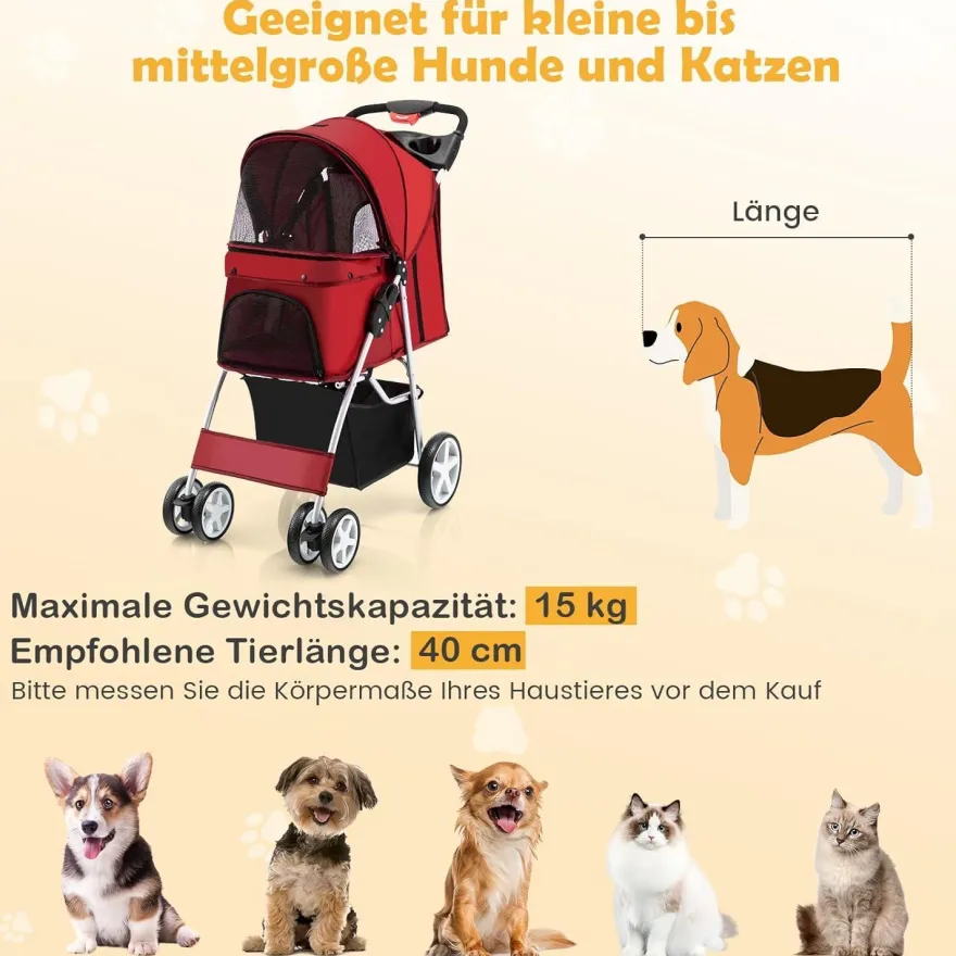 Hundewagen Haustiere Buggy bis 15kg, Hundebuggy mit Netzfenstern Getränkehalter