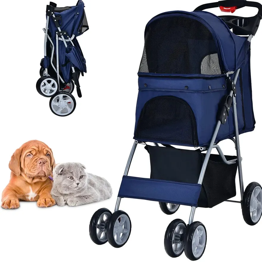 Hundewagen Haustiere Buggy bis 15kg, Hundebuggy mit Netzfenstern Getränkehalter