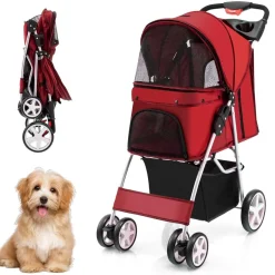 Hundewagen Haustiere Buggy bis 15kg, Hundebuggy mit Netzfenstern Getränkehalter