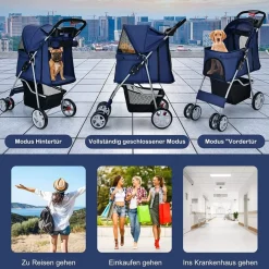 Hundewagen Haustiere Buggy bis 15kg, Hundebuggy mit Netzfenstern Getränkehalter