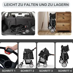 Hundewagen Haustiere Buggy bis 15kg, Hundebuggy mit Netzfenstern Getränkehalter