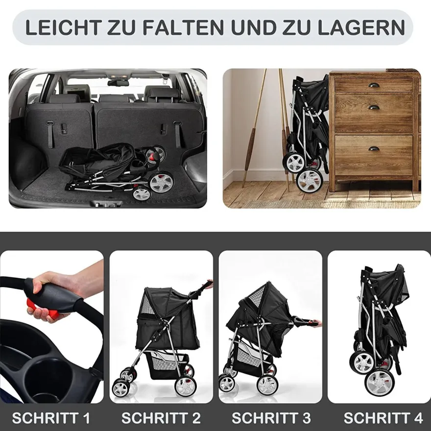Hundewagen Haustiere Buggy bis 15kg, Hundebuggy mit Netzfenstern Getränkehalter