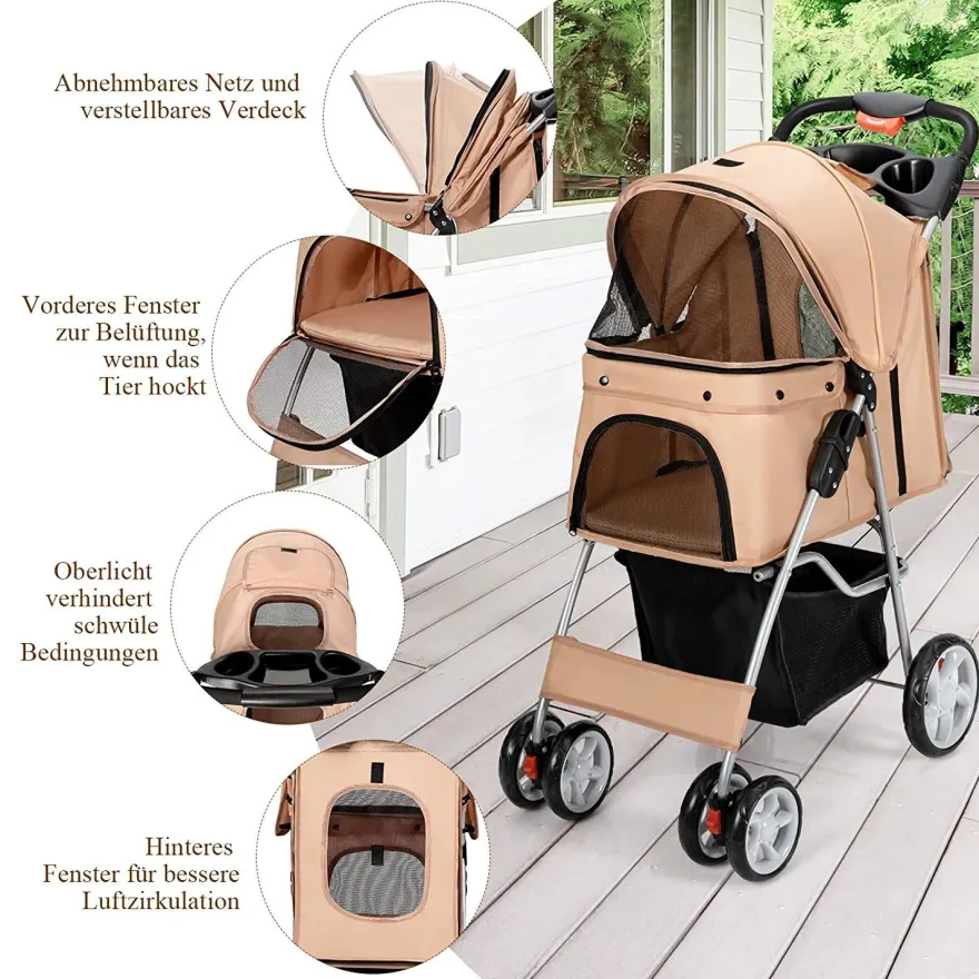Hundewagen Haustiere Buggy bis 15kg, Hundebuggy mit Netzfenstern Getränkehalter