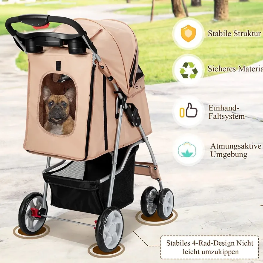 Hundewagen Haustiere Buggy bis 15kg, Hundebuggy mit Netzfenstern Getränkehalter