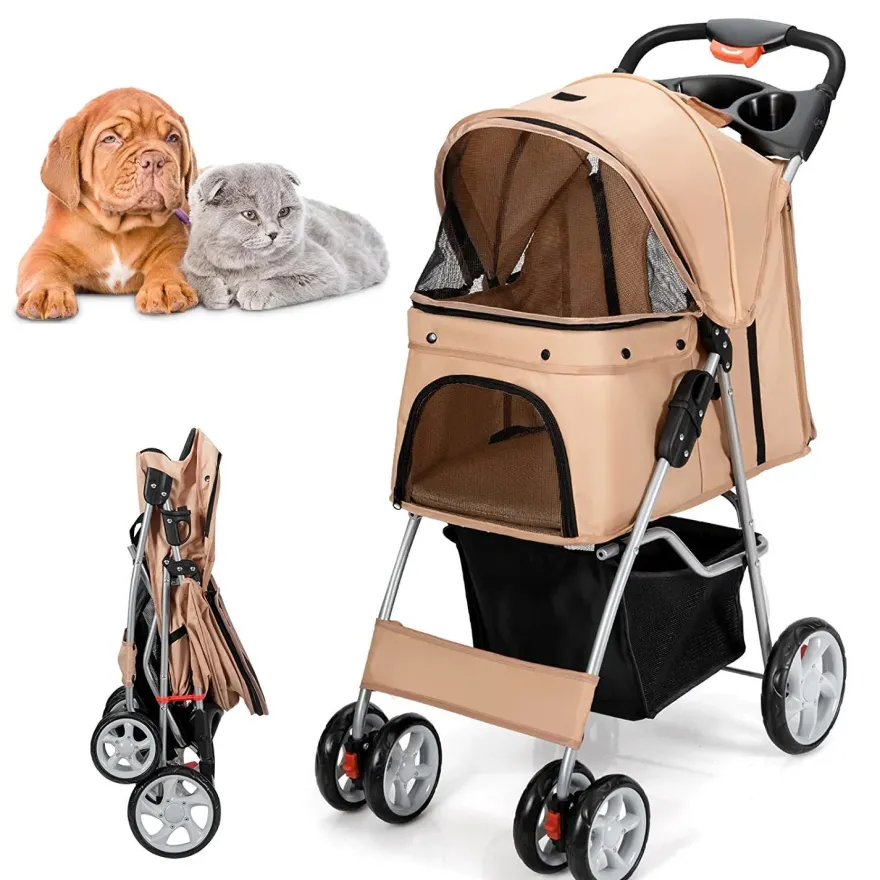 Hundewagen Haustiere Buggy bis 15kg, Hundebuggy mit Netzfenstern Getränkehalter