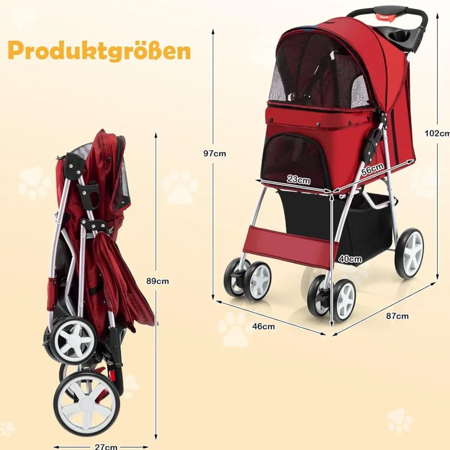 Hundewagen Haustiere Buggy bis 15kg, Hundebuggy mit Netzfenstern Getränkehalter