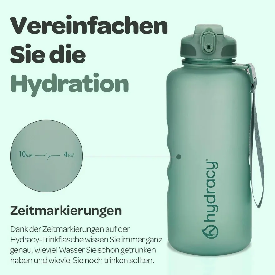 Hydracy Trinkflasche 2L mit Strohhalm und Zeitmarkierung - BPA-frei