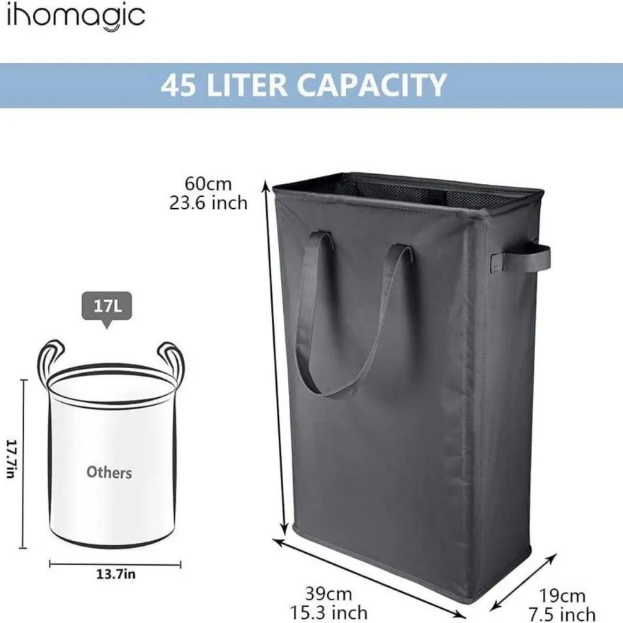 Ihomagic 45L Wäschekorb Schmal, Wäschesammler mit Griffen, Robustes Oxford