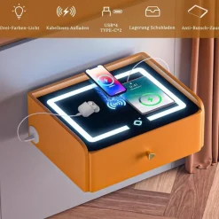 ihomemore Hängender Nachttisch mit Ladefunktion und 3-farbiger LED-Beleuchtung