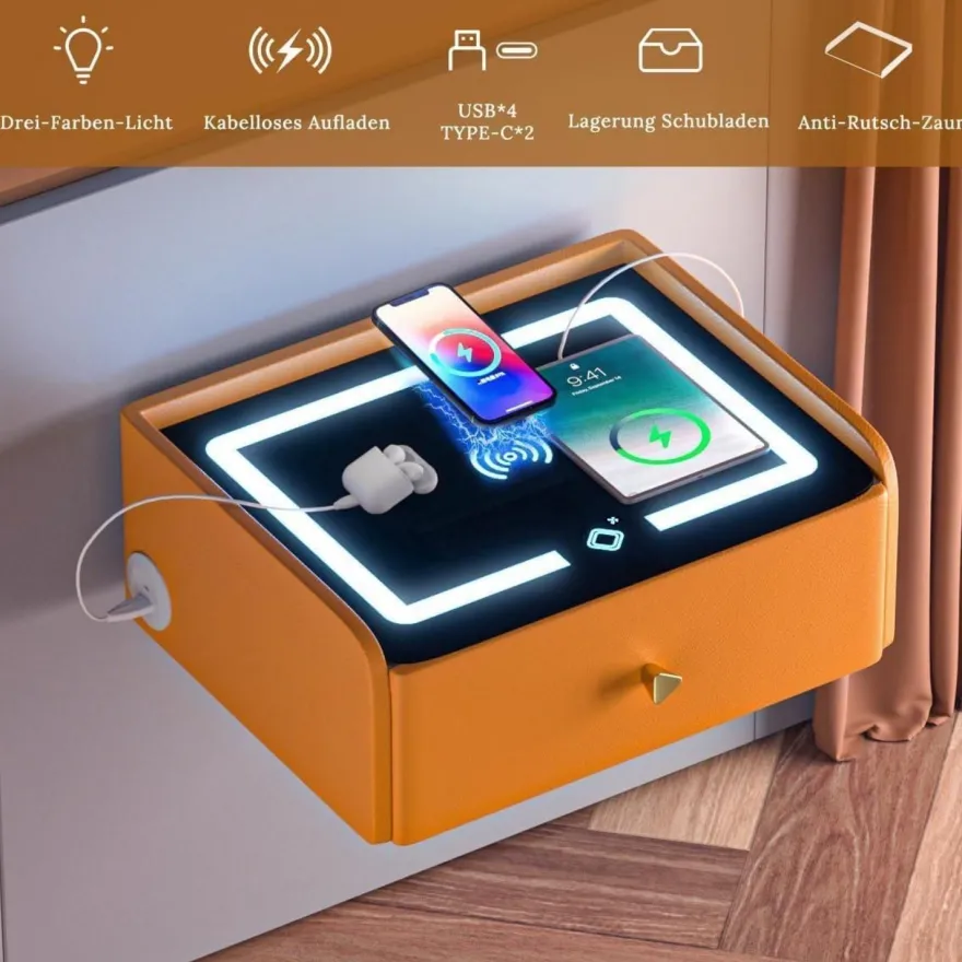 ihomemore Hängender Nachttisch mit Ladefunktion und 3-farbiger LED-Beleuchtung