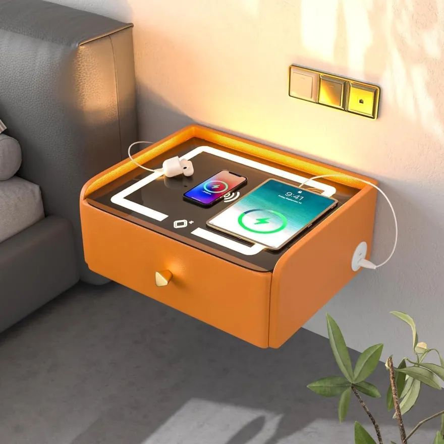 ihomemore Hängender Nachttisch mit Ladefunktion und 3-farbiger LED-Beleuchtung