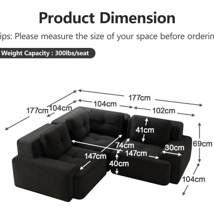 IHO SOFA Modulares Ecksofa mit Ottoman, Kein Aufbau Nötig, Tiefe Sitzfläche
