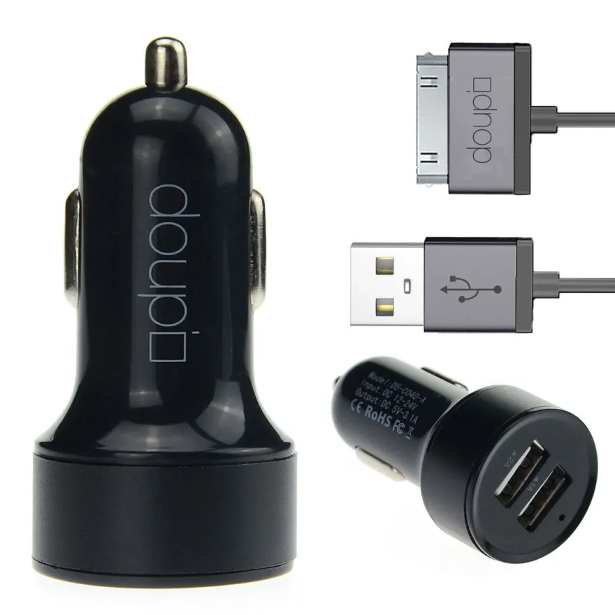 2in1 Dual USB Auto Lade Set Adapter Kabel 30pin iPhone 4 4S iPad iPod Schwarz