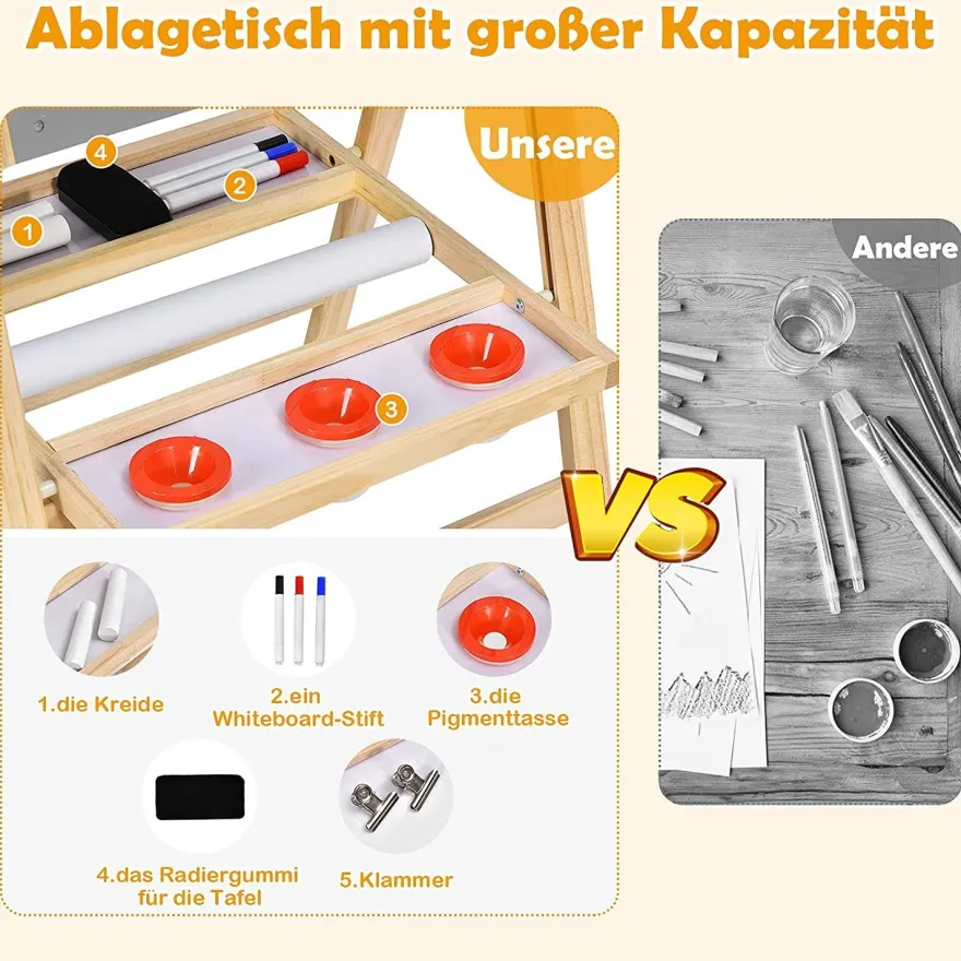 3 in 1 Kinder Staffelei, Whiteboard & Kreidetafel & Zeichenpapier höhenverstellbar
