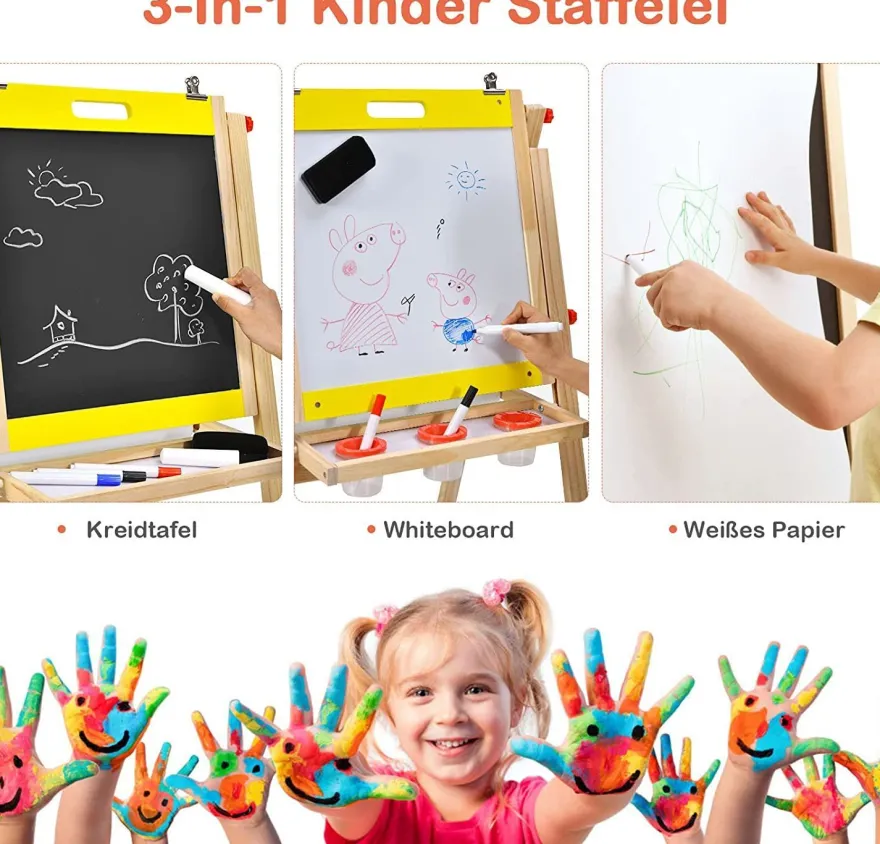 3 in 1 Kinder Staffelei, Whiteboard & Kreidetafel & Zeichenpapier höhenverstellbar