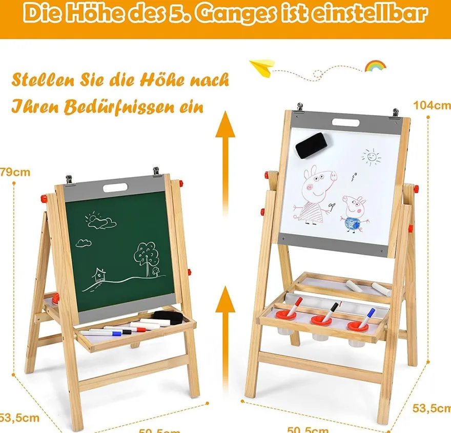 3 in 1 Kinder Staffelei, Whiteboard & Kreidetafel & Zeichenpapier höhenverstellbar