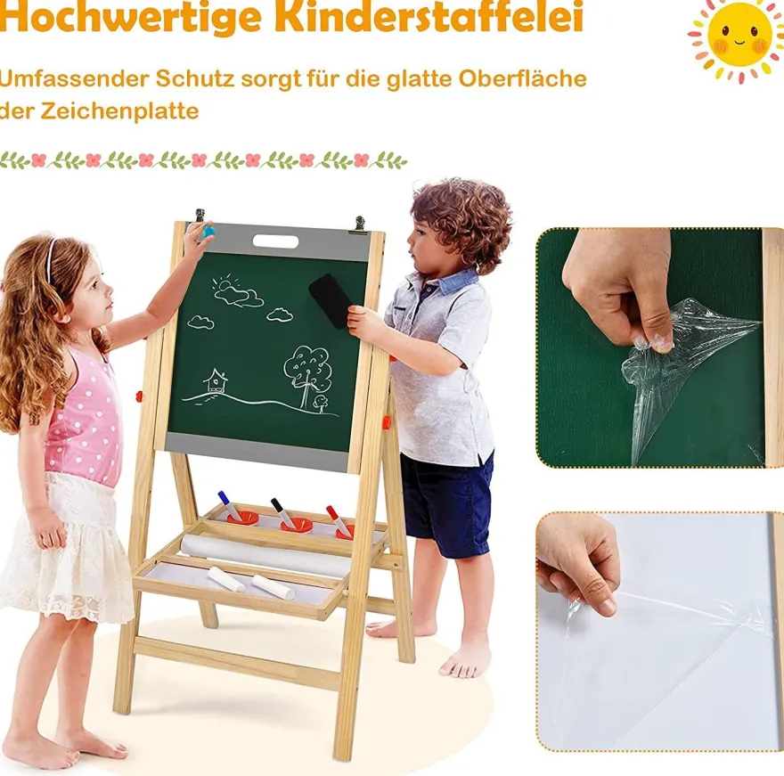 3 in 1 Kinder Staffelei, Whiteboard & Kreidetafel & Zeichenpapier höhenverstellbar