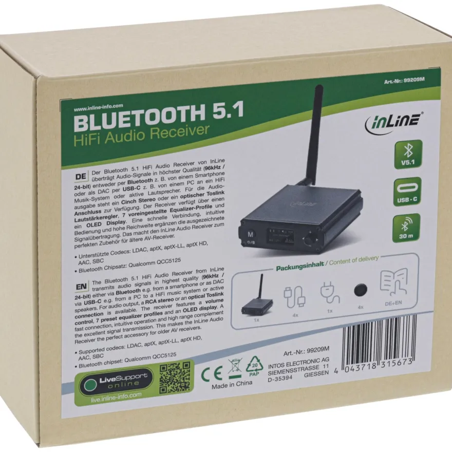 InLine® Bluetooth 5.1 HiFi-Receiver und USB DAC, mit LCD