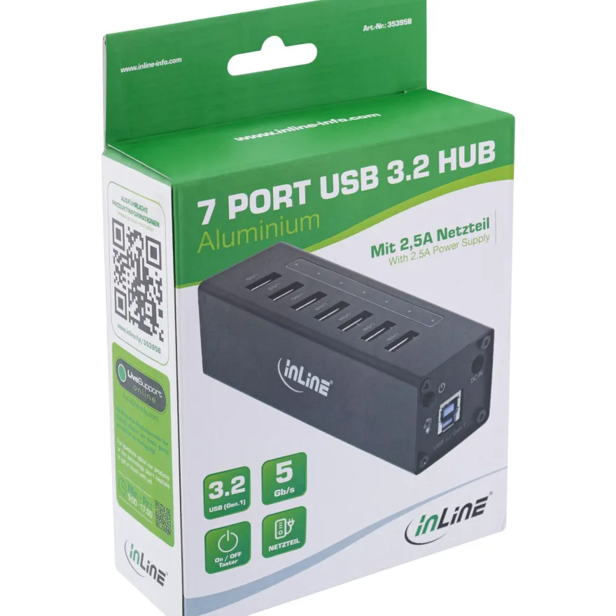 InLine® USB 3.0 Hub, 7 Port, Aluminiumgehäuse, schwarz, mit 2,5A Netzteil, schwa