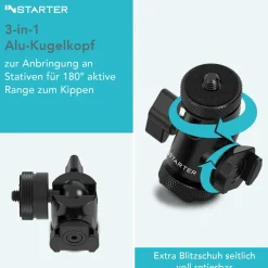 Instarter FlexMount Head Plus Kugelkopf 3-in-1 2x Blitzschuh Stativkopf Kamera