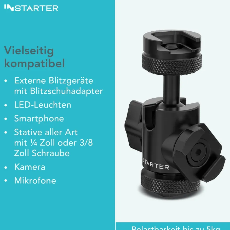 Instarter FlexMount Head Plus Kugelkopf 3-in-1 2x Blitzschuh Stativkopf Kamera