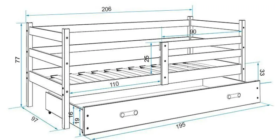 Interbeds Kinderbett Eryk 200x90cm in Grau + Matratze und Lattenrost