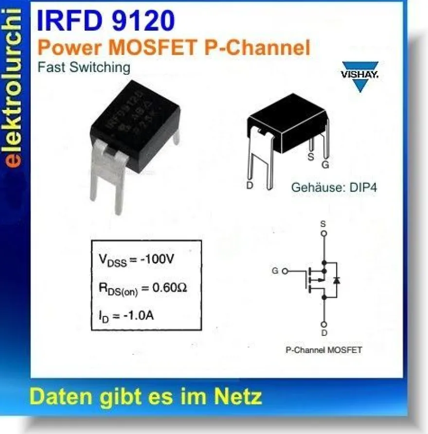 IRFD9120 - Power MOSFET P-Channel, ID 1Amp. UDS=100V, 0,6Ohm, DIP4, 5St