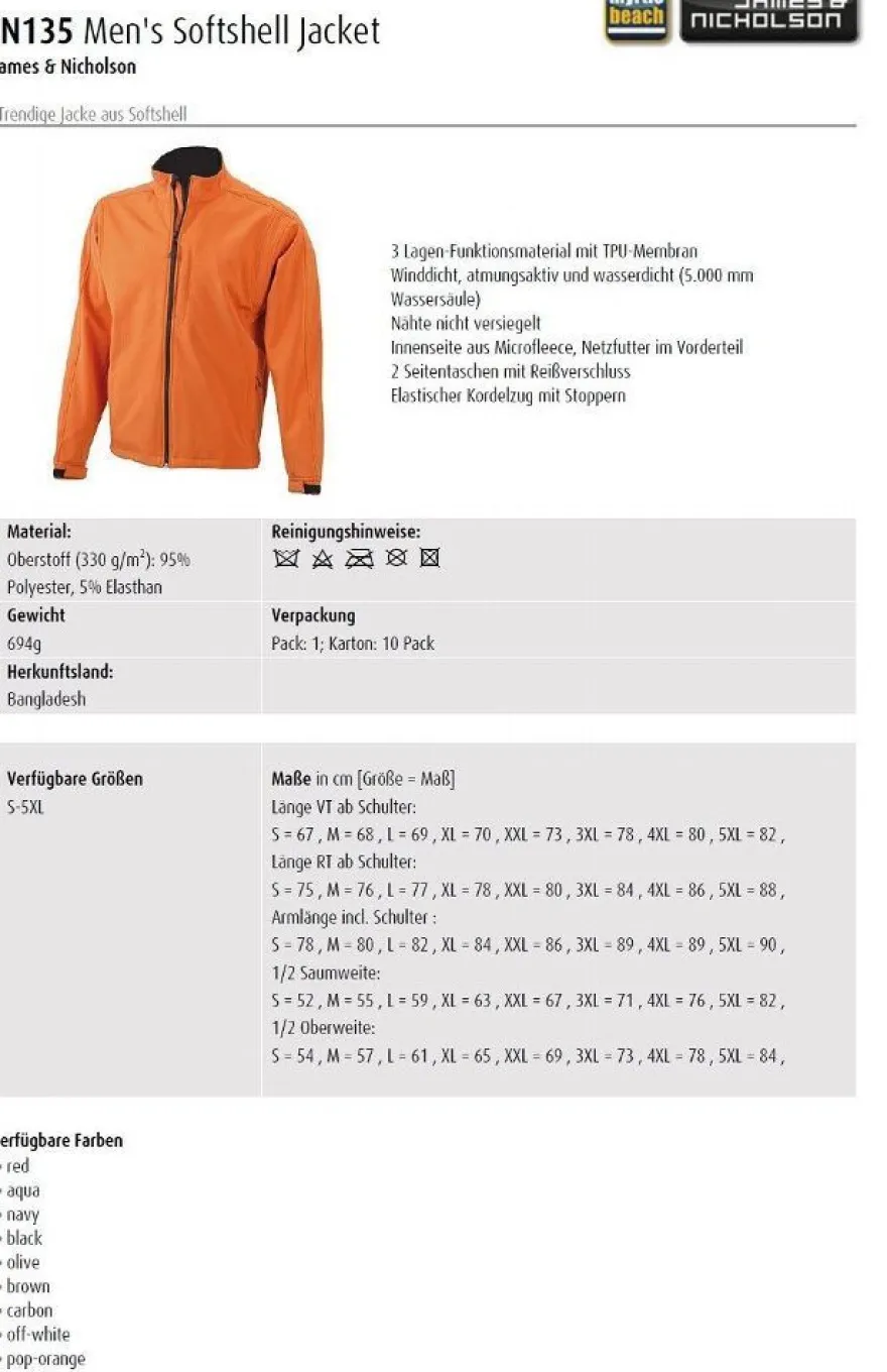 James & Nicholson Men´s Softshell Jacket Herren Softshell S - 5XL JN135