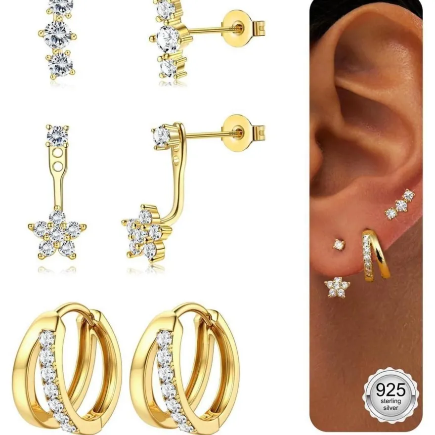 JeweBella 3 Paar Ohrringe Set Silber/Gold Damen Mädchen 925 Sterling Silber