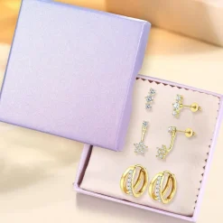 JeweBella 3 Paar Ohrringe Set Silber/Gold Damen Mädchen 925 Sterling Silber