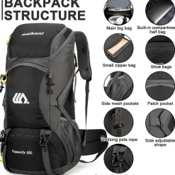 jianyana Wanderrucksack 50L Trekkingrucksack mit Regenhülle, wasserdicht für