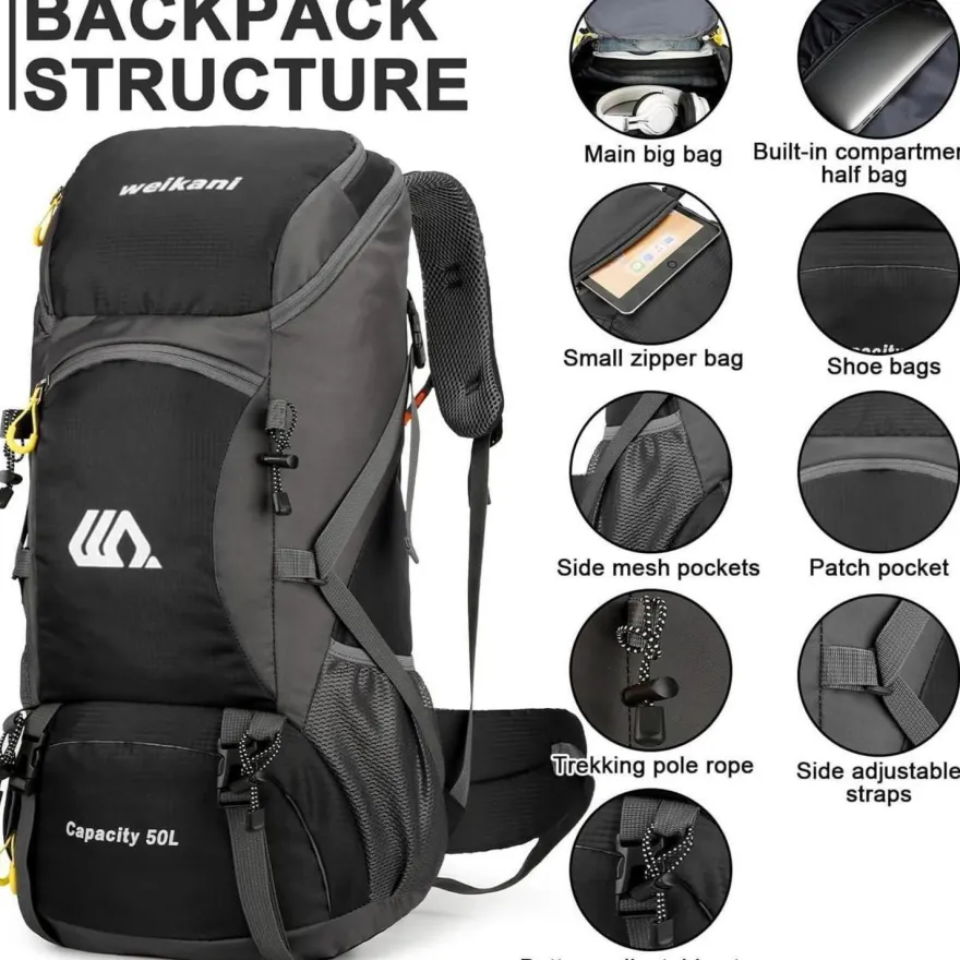 jianyana Wanderrucksack 50L Trekkingrucksack mit Regenhülle, wasserdicht für
