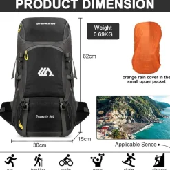 jianyana Wanderrucksack 50L Trekkingrucksack mit Regenhülle, wasserdicht für