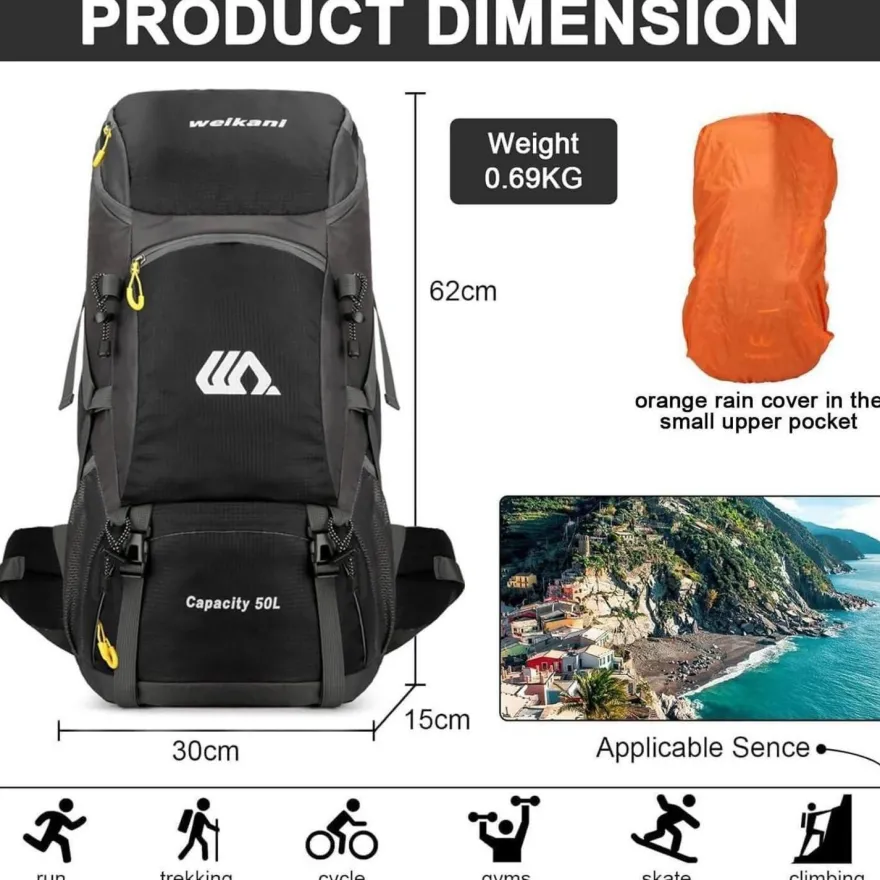jianyana Wanderrucksack 50L Trekkingrucksack mit Regenhülle, wasserdicht für