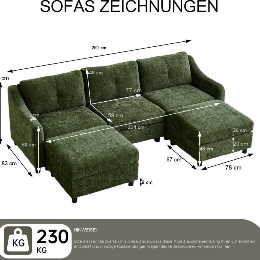 JIEXI Ecksofa mit Schlaffunktion, L-Form Couch aus Cordstoff, 251cm, Dunkelgrün