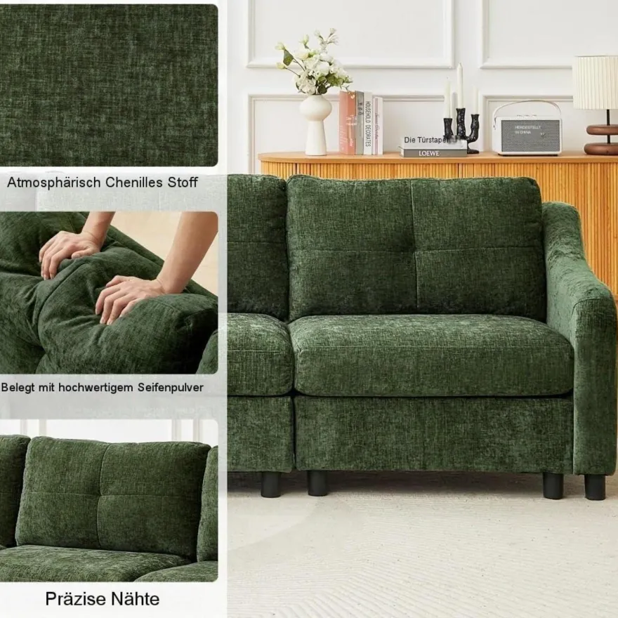JIEXI Ecksofa mit Schlaffunktion, L-Form Couch aus Cordstoff, 251cm, Dunkelgrün