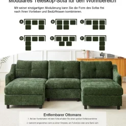 JIEXI Ecksofa mit Schlaffunktion, L-Form Couch aus Cordstoff, 251cm, Dunkelgrün