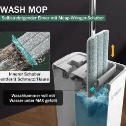 Joymoop Wischmopp Eimer Auswringer Set 8 Mikrofaser-Pads verlängerter Griff