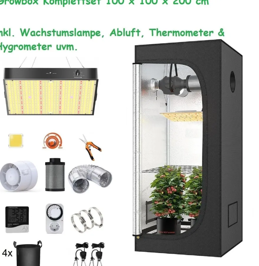 JUNG Growbox Komplettset LED 100x100x200cm Gewächshaus Komplett Set Cannabis