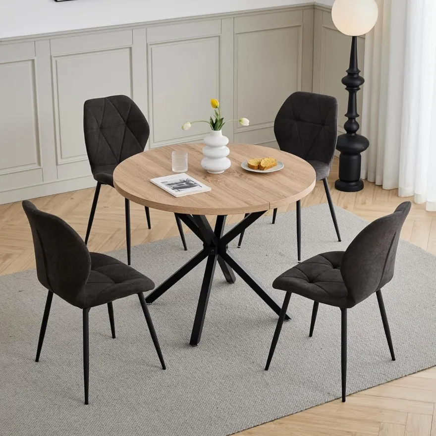 JZGORC 4er-Set Esszimmerstuhl aus Leinen-Diamantgewebe, gepolstert, Schwarz