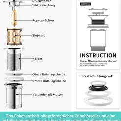 Kaiying G1¼ Waschbecken Ablaufgarnitur, Messing Pop Up Ablaufventil mit Sieb