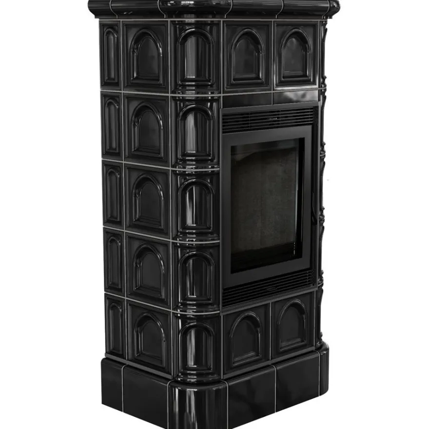 Kamineinsatz aus Stahl KRATKI BLANKA 8 kW Ø 160 schwarze Kachel schwarz Verkleidung